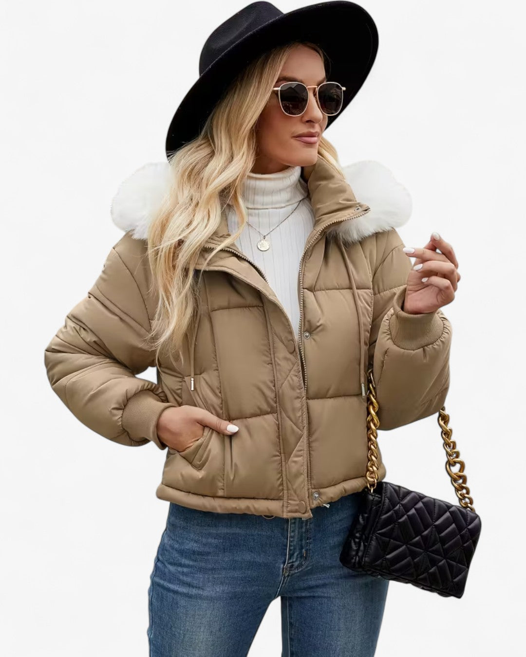 Short Hooded Jacket with Faux Fur Trim