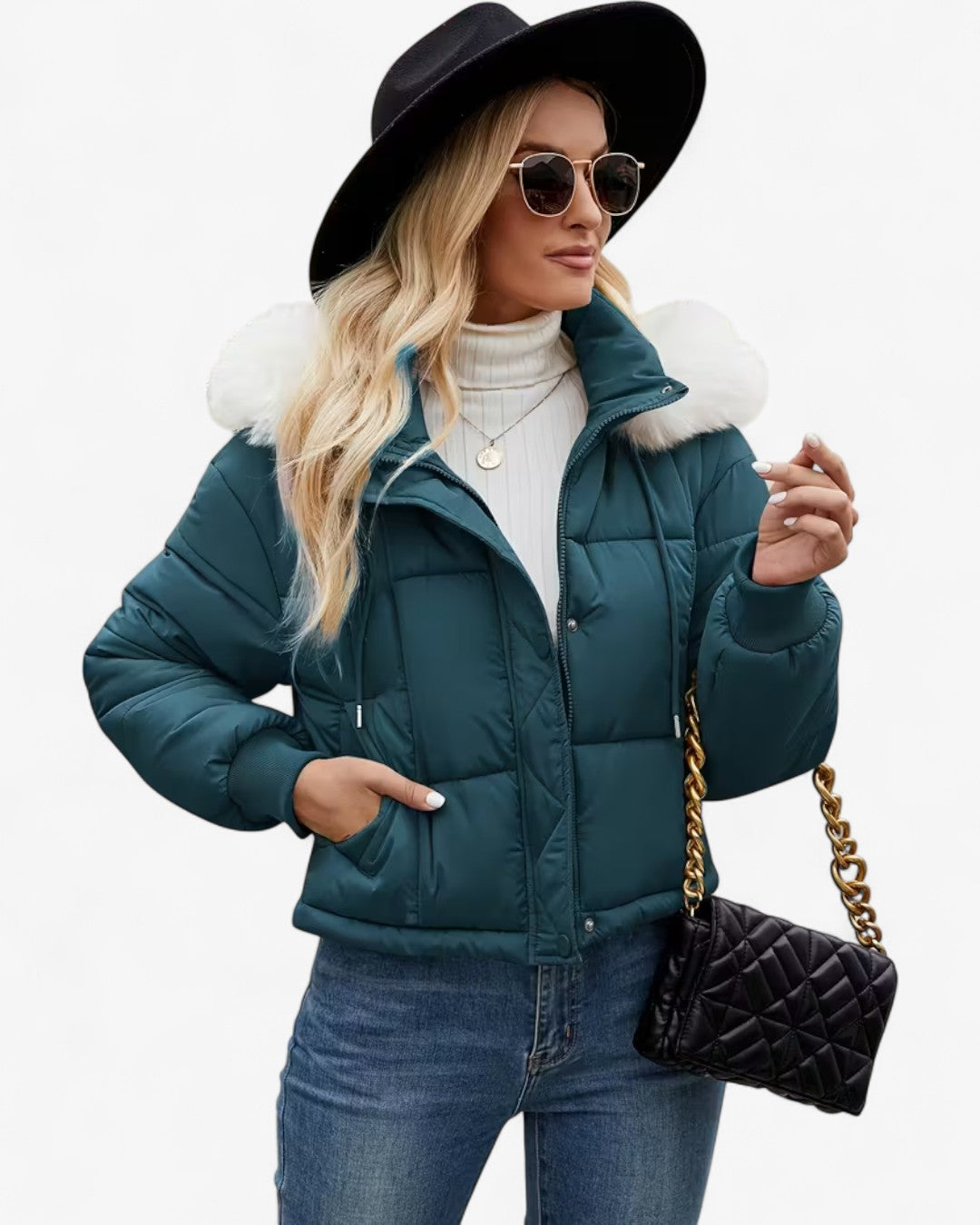 Short Hooded Jacket with Faux Fur Trim