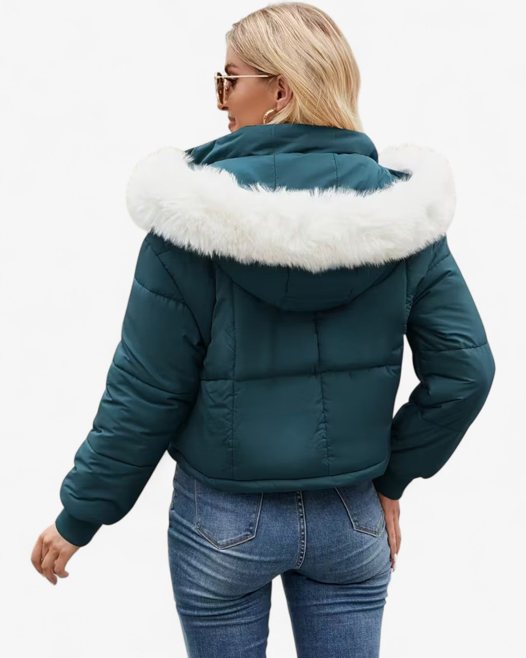 Short Hooded Jacket with Faux Fur Trim