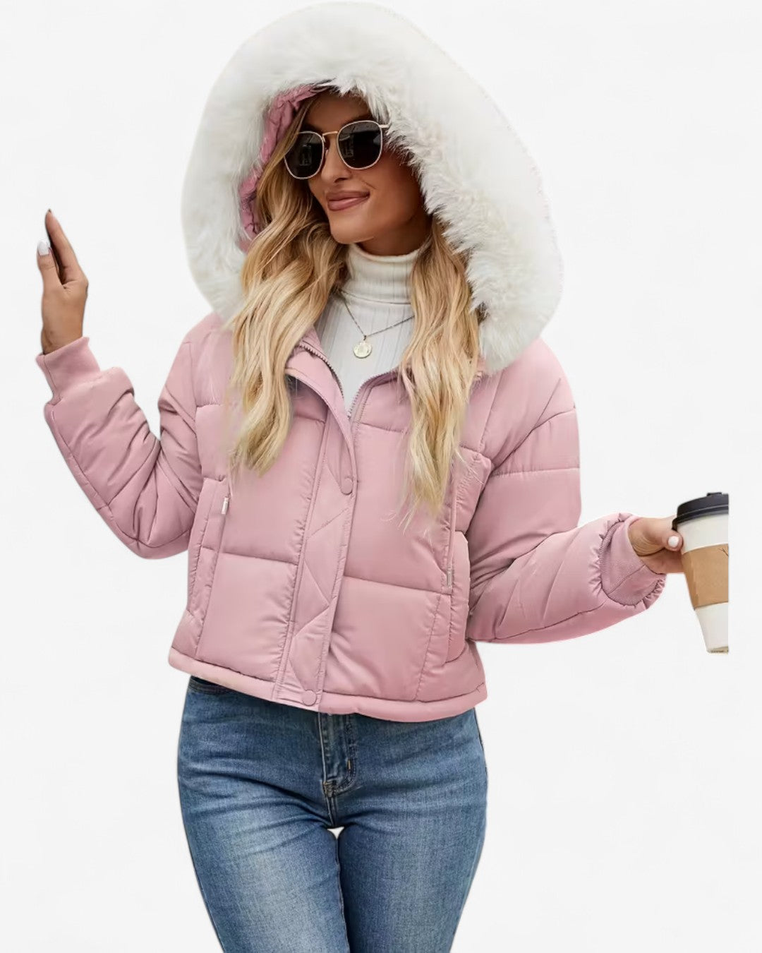 Short Hooded Jacket with Faux Fur Trim