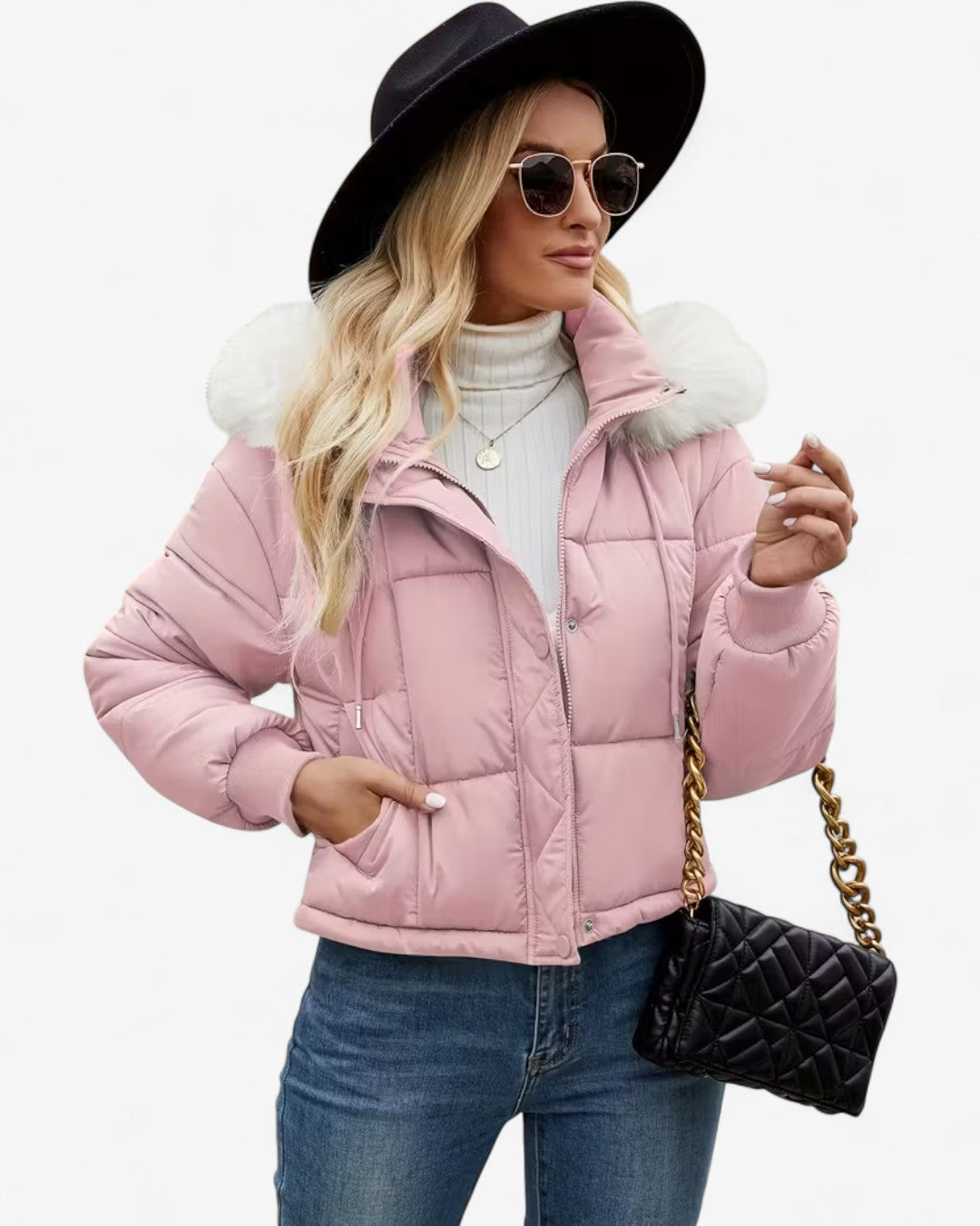 Short Hooded Jacket with Faux Fur Trim
