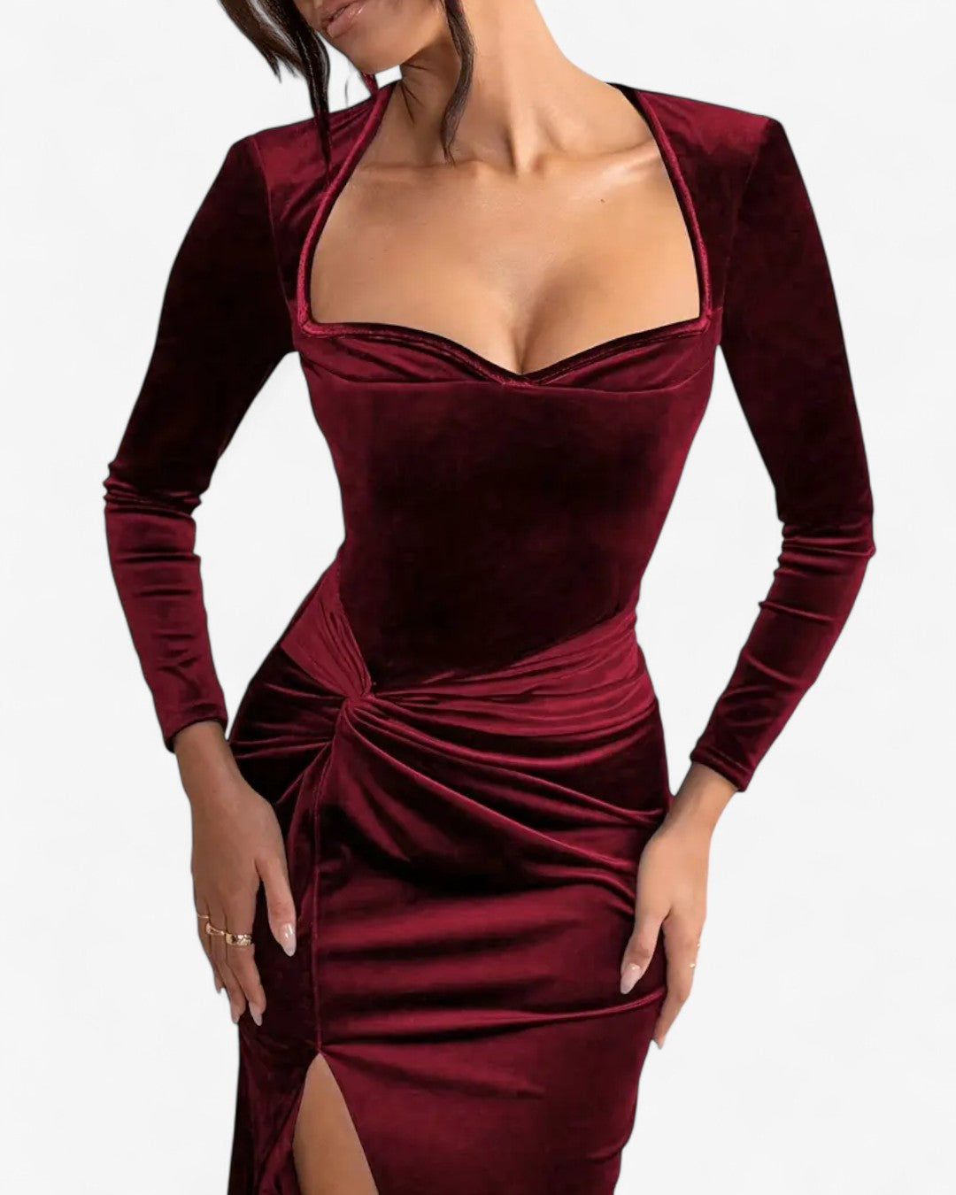 Long Sleeve Twisted Waist Slit Evening Dress
