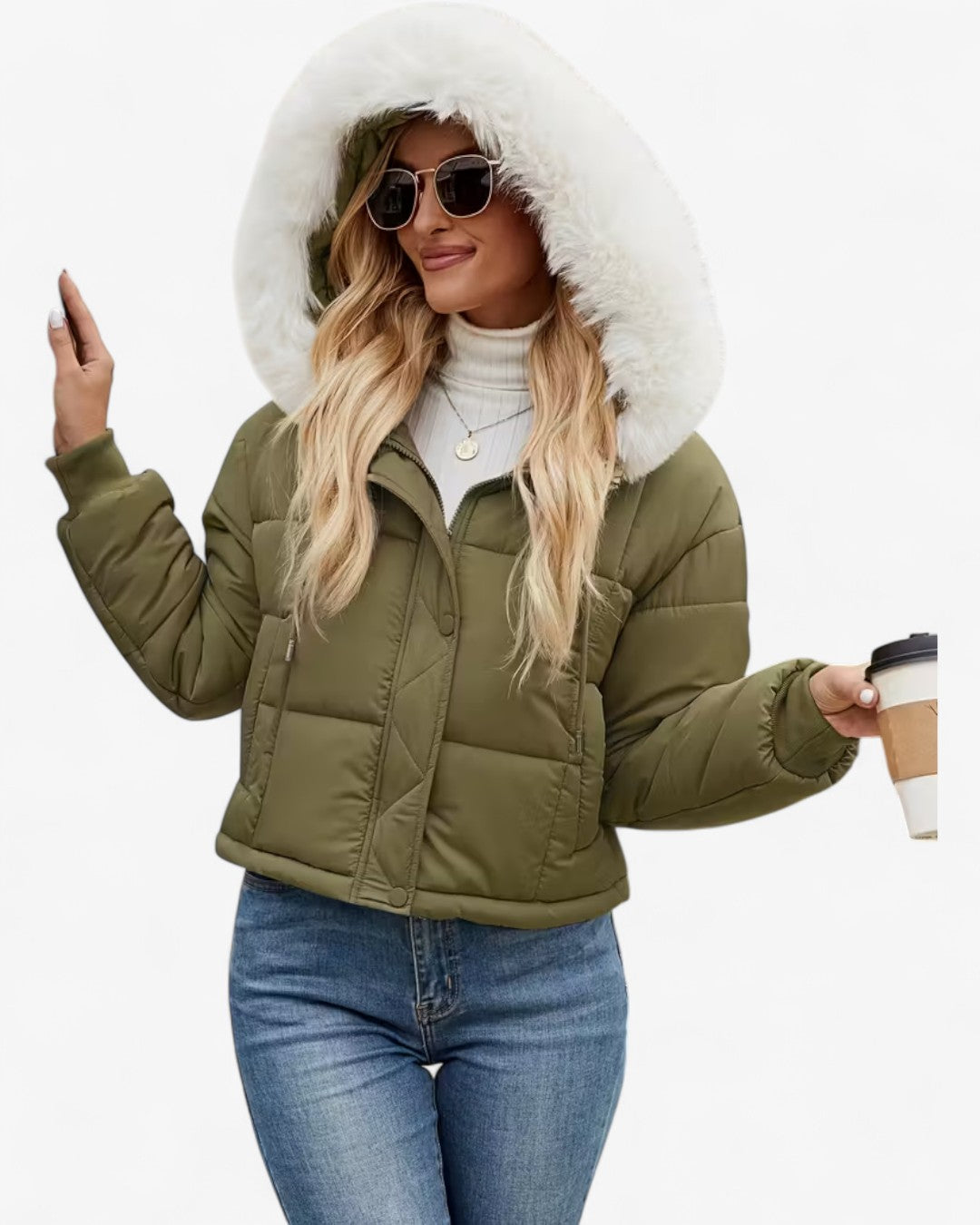 Short Hooded Jacket with Faux Fur Trim