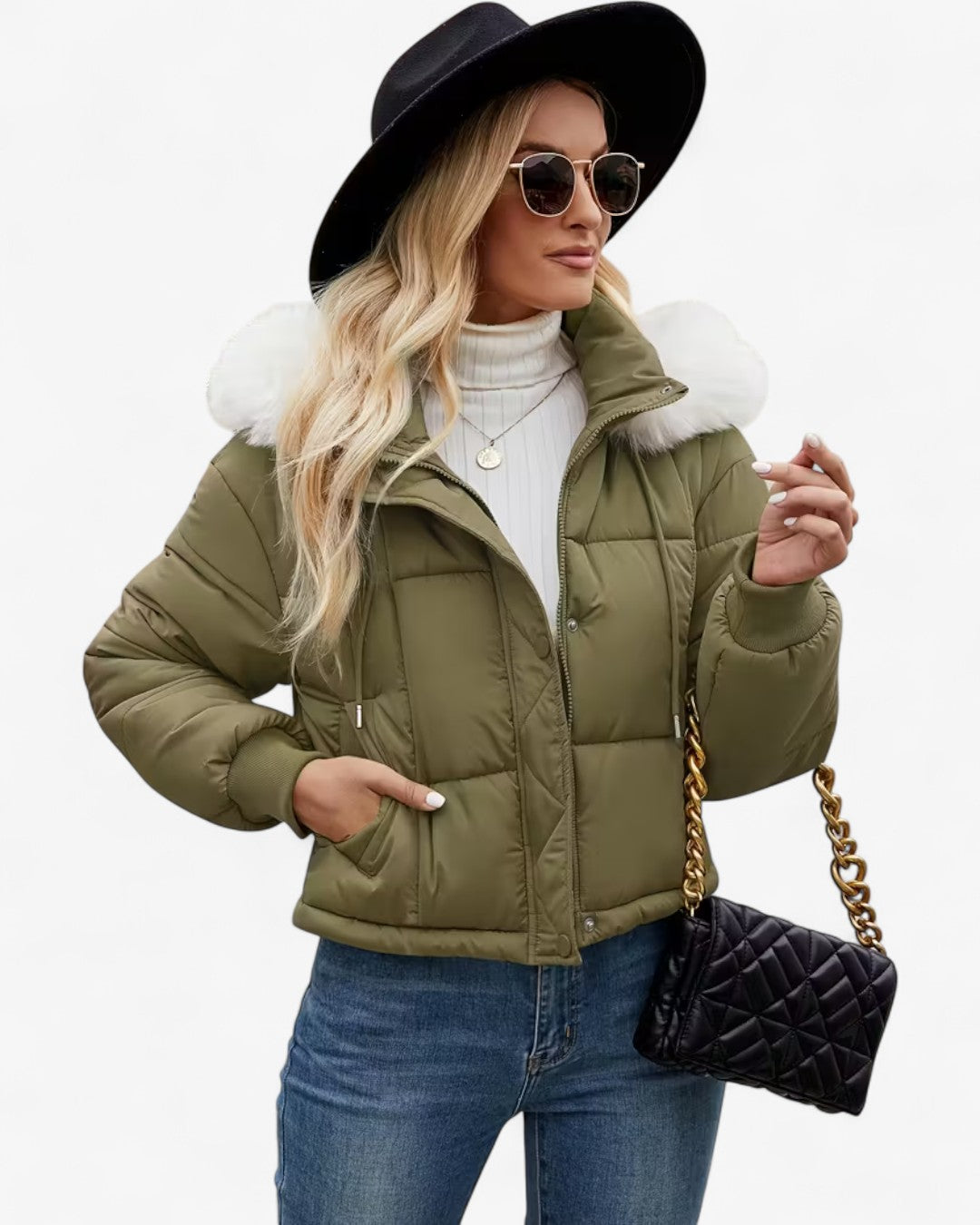 Short Hooded Jacket with Faux Fur Trim
