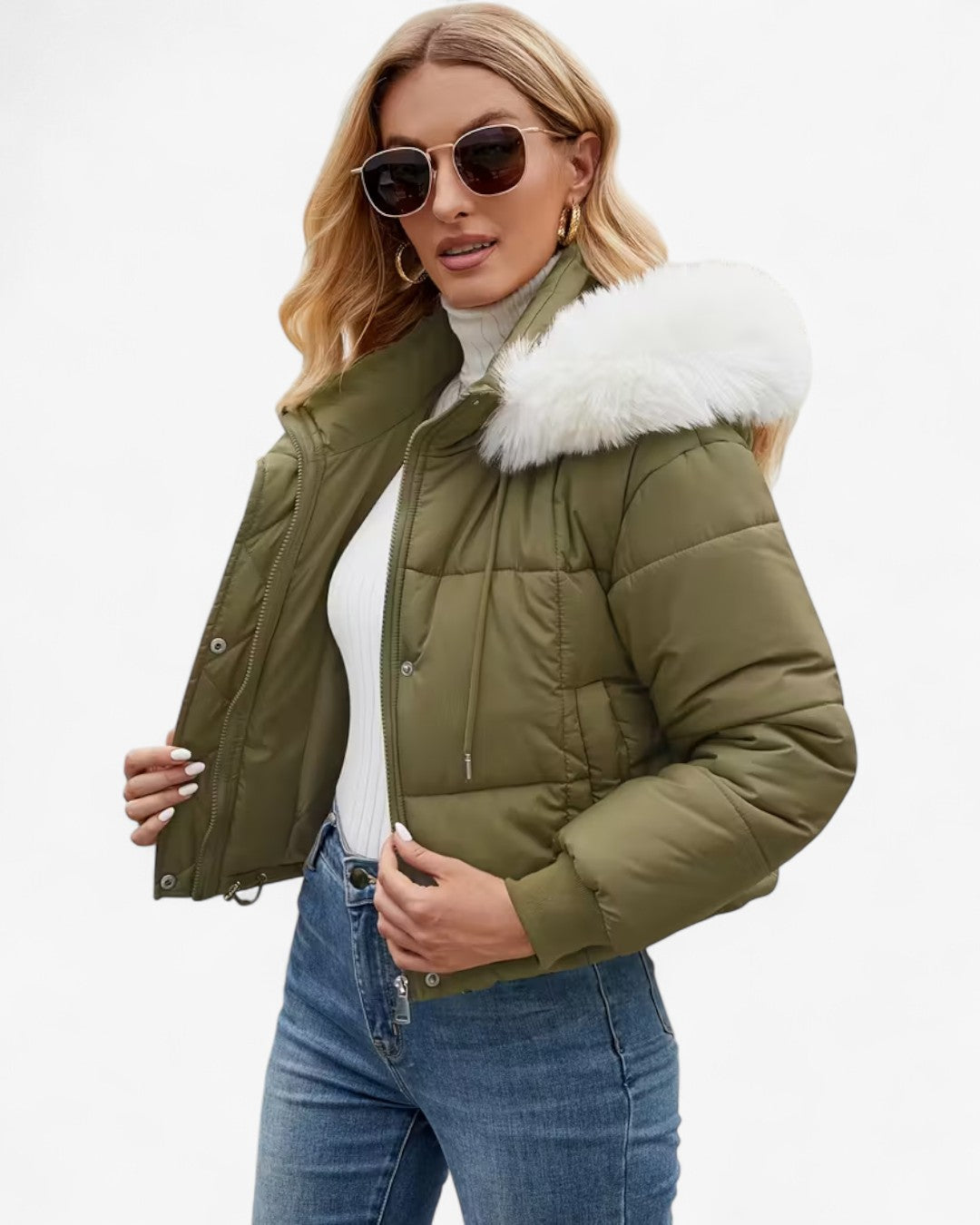 Short Hooded Jacket with Faux Fur Trim