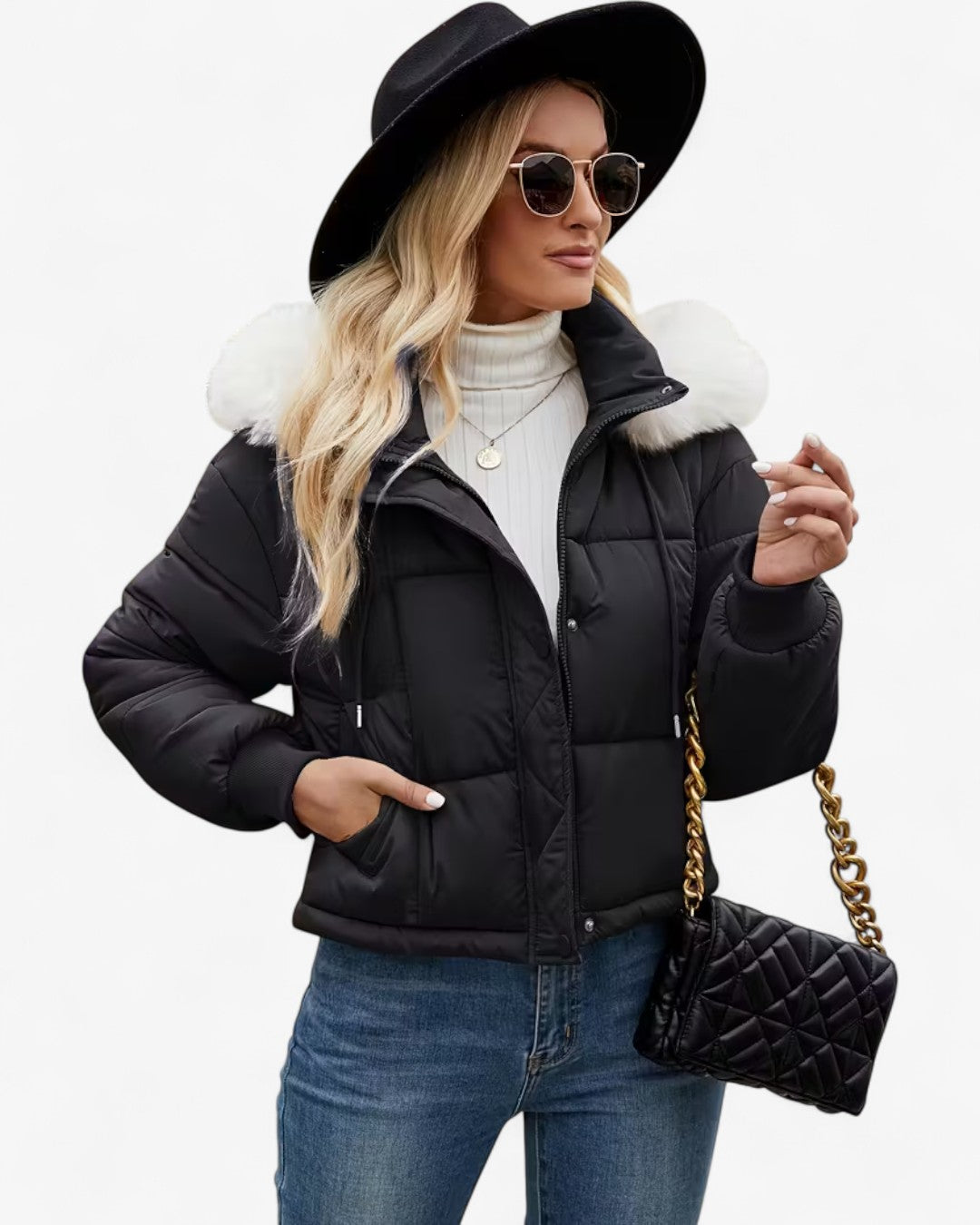 Short Hooded Jacket with Faux Fur Trim