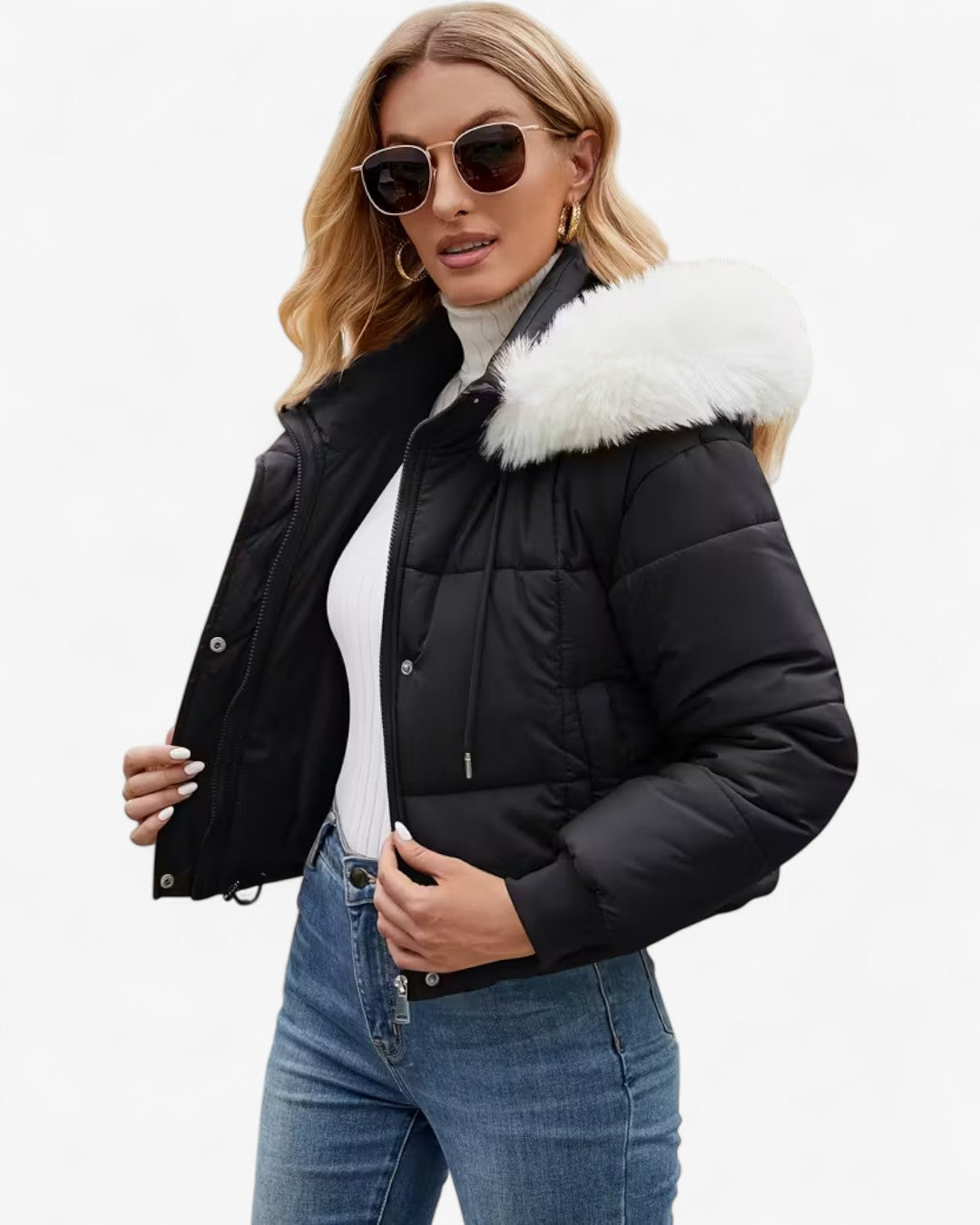 Short Hooded Jacket with Faux Fur Trim