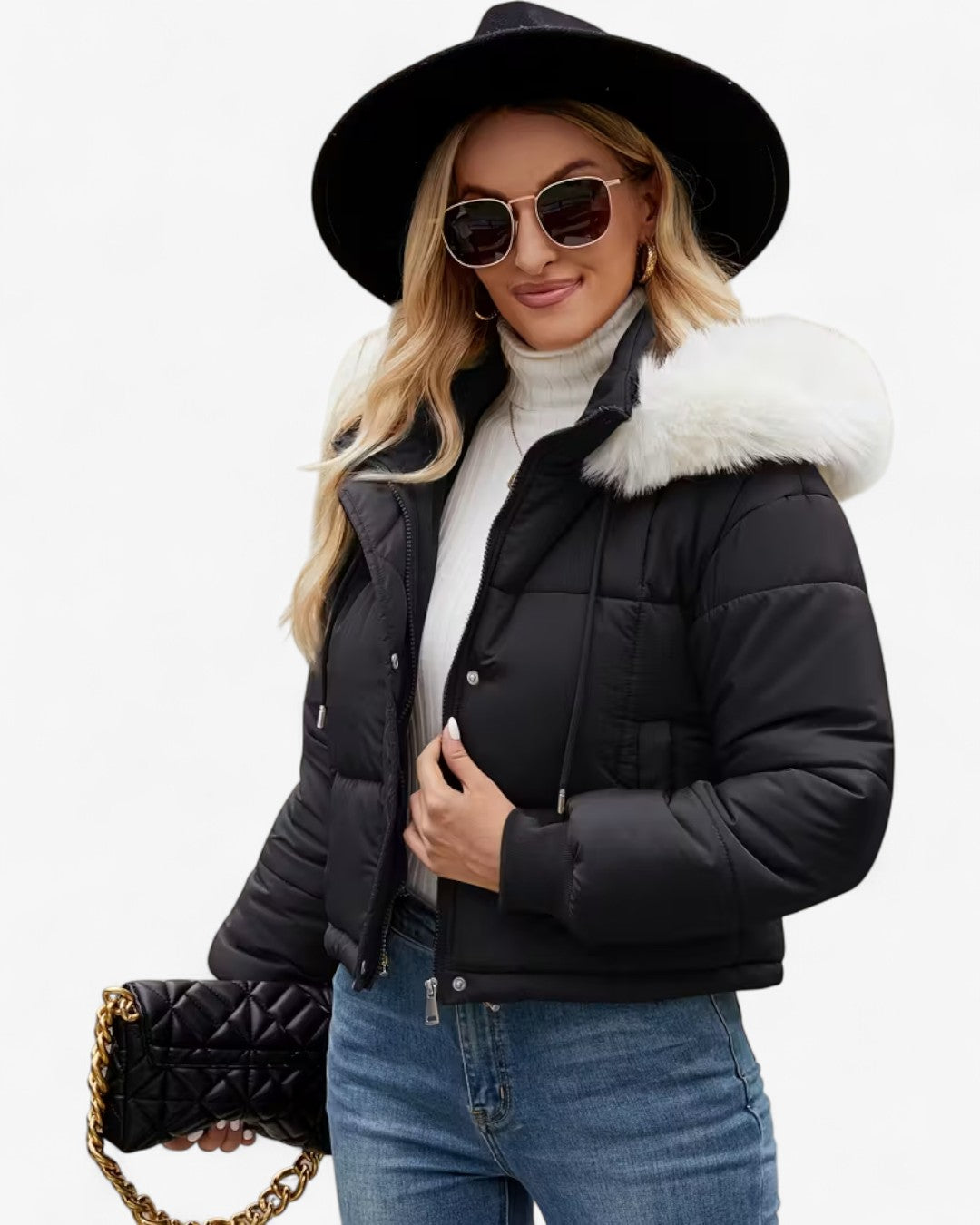 Short Hooded Jacket with Faux Fur Trim