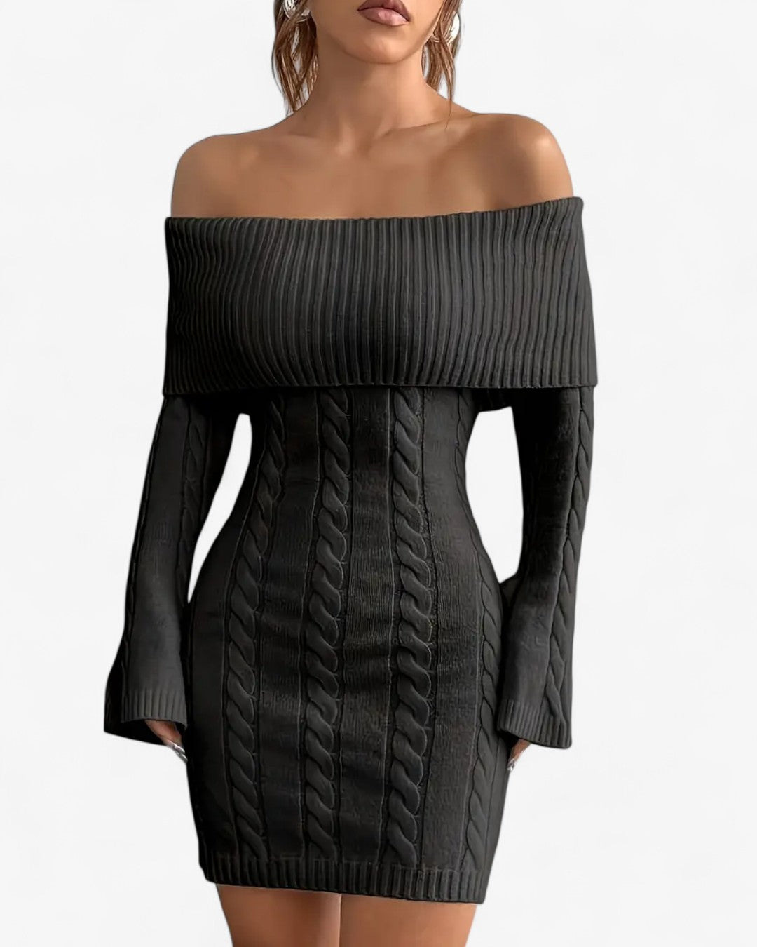 Off-Shoulder Ribbed Knit Sweater Dress