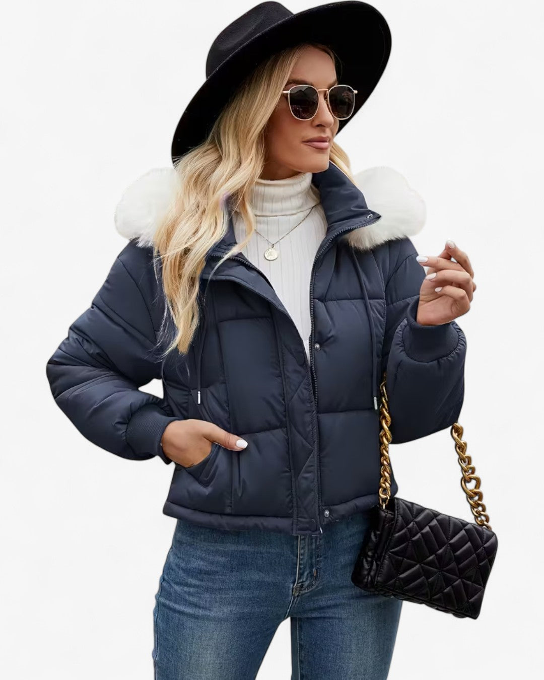 Short Hooded Jacket with Faux Fur Trim