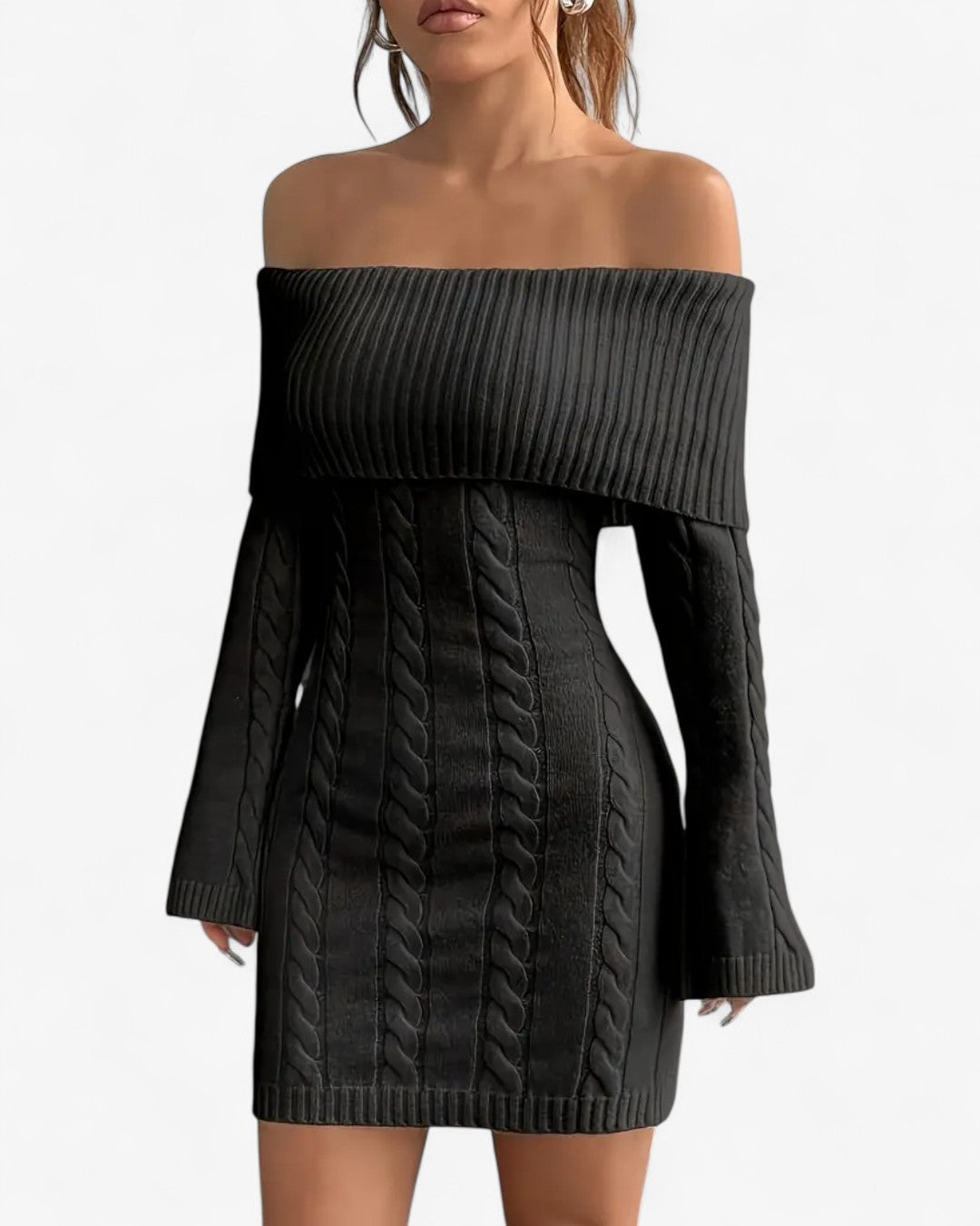 Off-Shoulder Ribbed Knit Sweater Dress