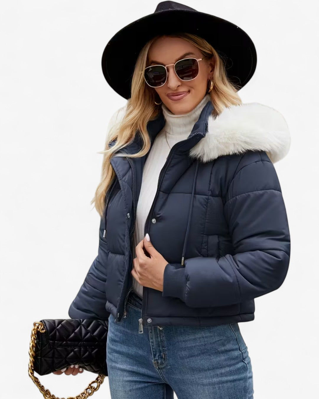 Short Hooded Jacket with Faux Fur Trim